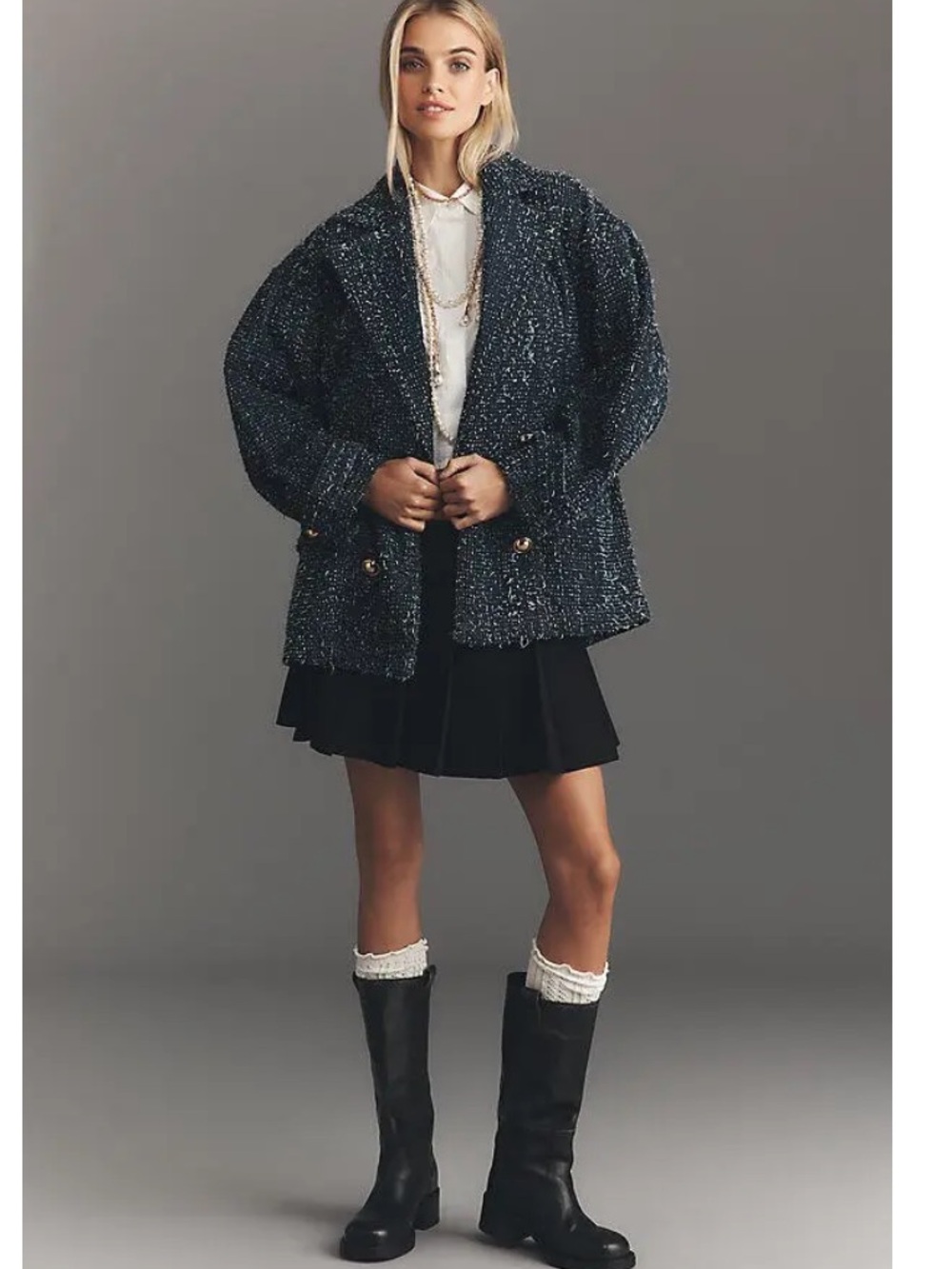 Anthropologie Maeve Needle Punched Denim Blue Tweed Blazer